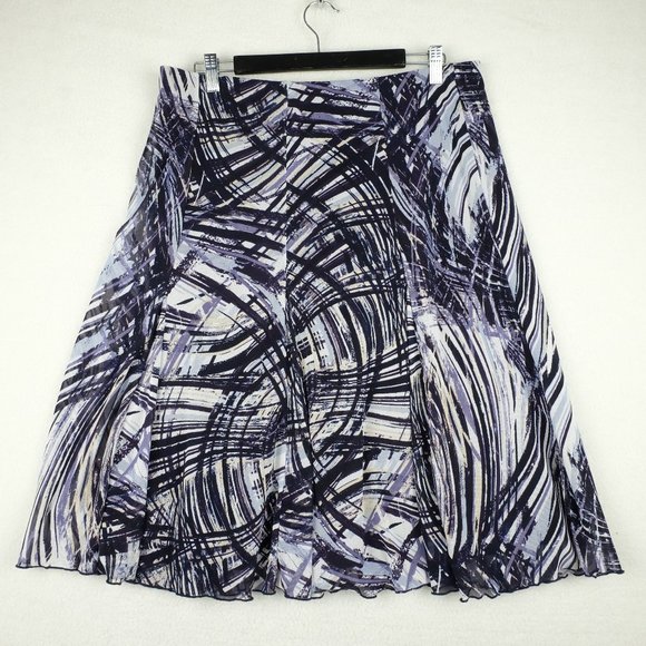 Vintage Dresses & Skirts - Vintage Womens Circle Skirt 14 White Blue Black Abstract Striped Midi 90s